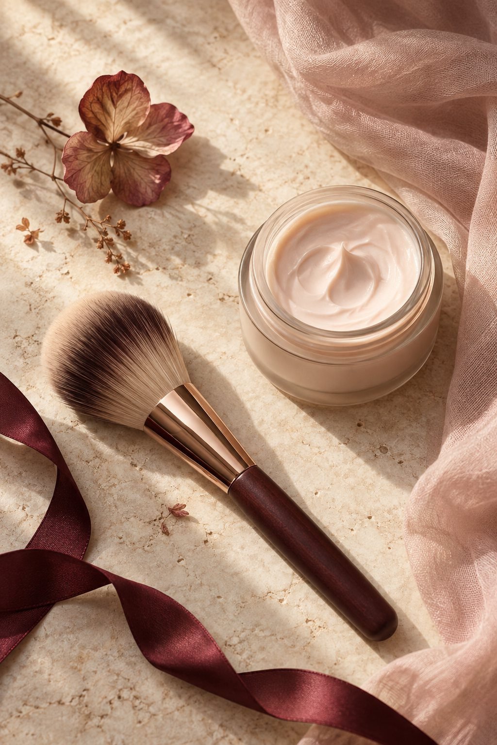 Beauty still life with a makeup brush, cream jar, flower and burgundy ribbon